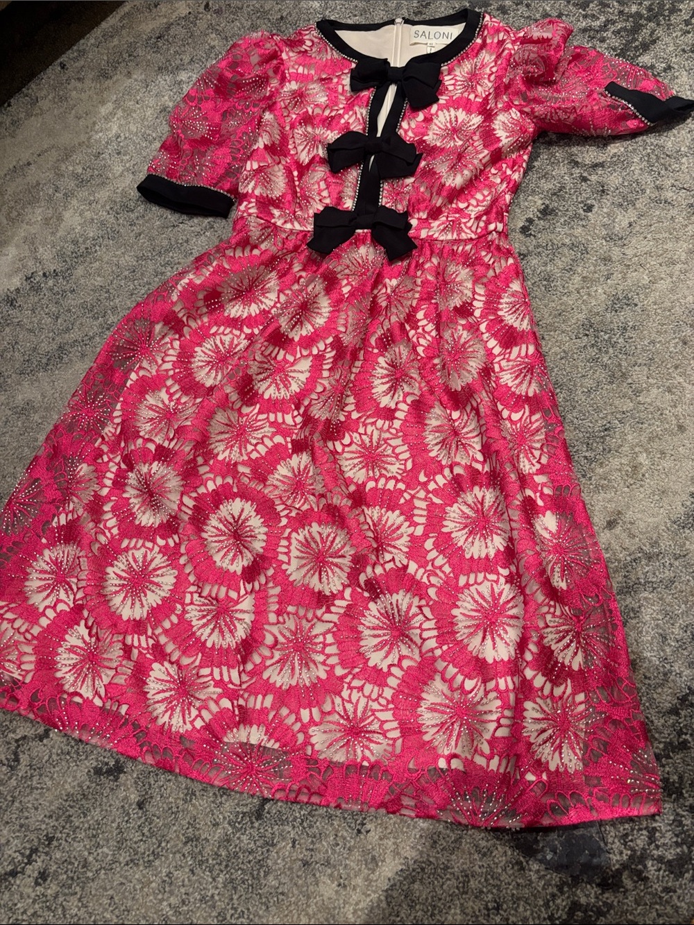 SALONI Pink Lace Dress with Black Bow Trim